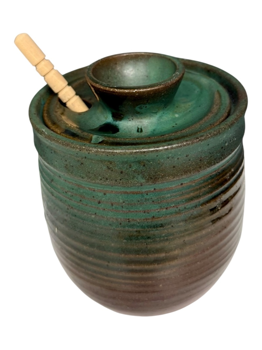 Green Ceramic Honey Jar with Wooden Dipper Shabby Chic Cottage Home Kitchen